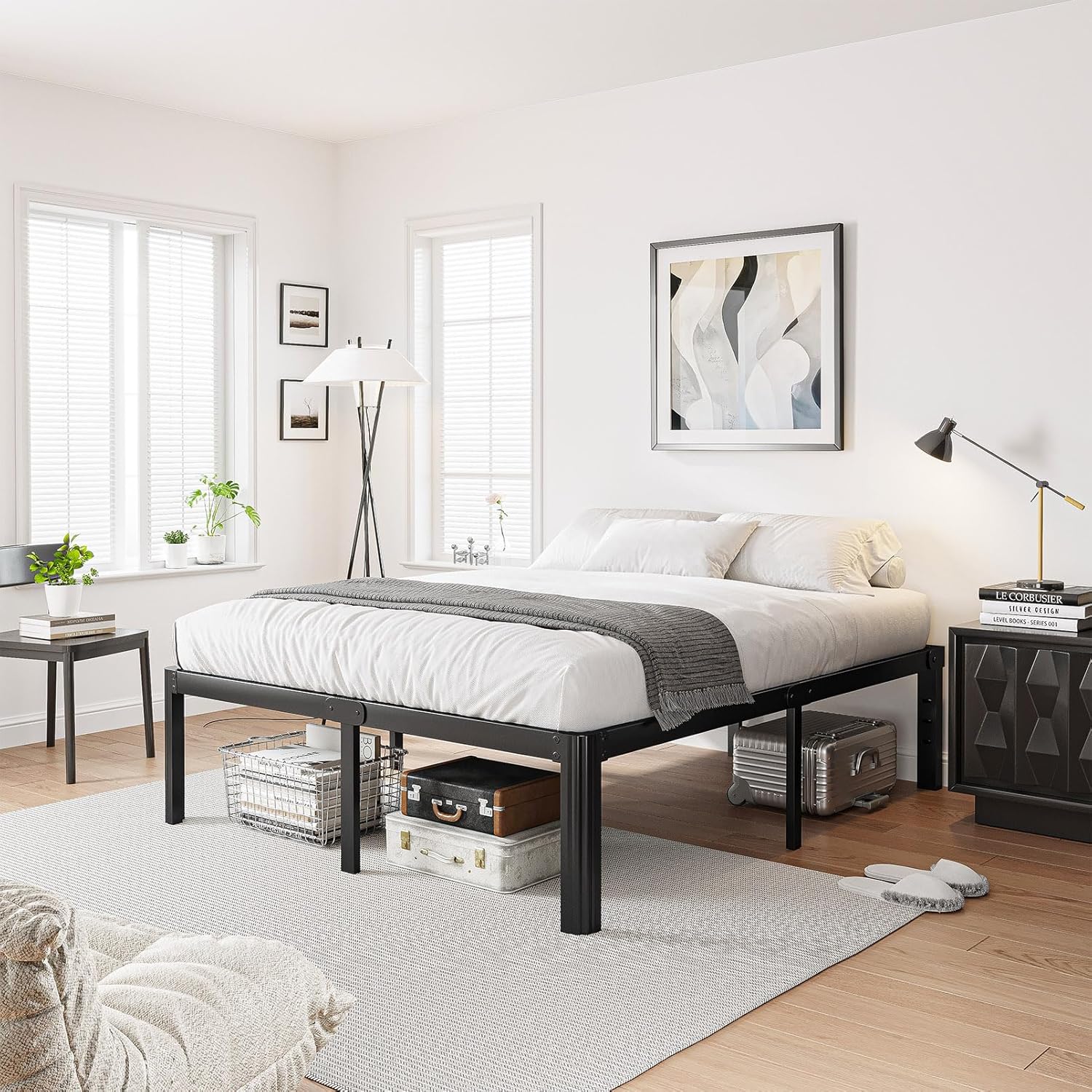 18 Inch High Platform Queen Bed Frame No Box Spring Needed, Metal Bed Frame Queen Size, Noise Free, Easy Assembly, Heavy Duty, Black